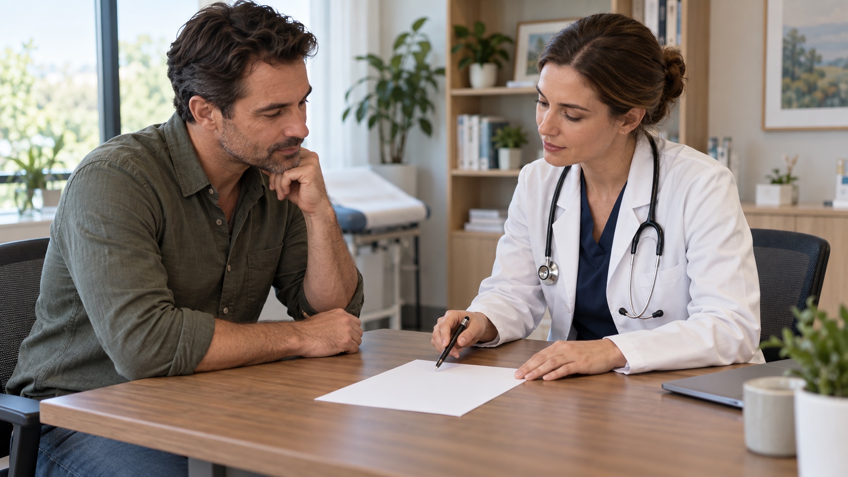 An adult and clinician talk in a calm office.