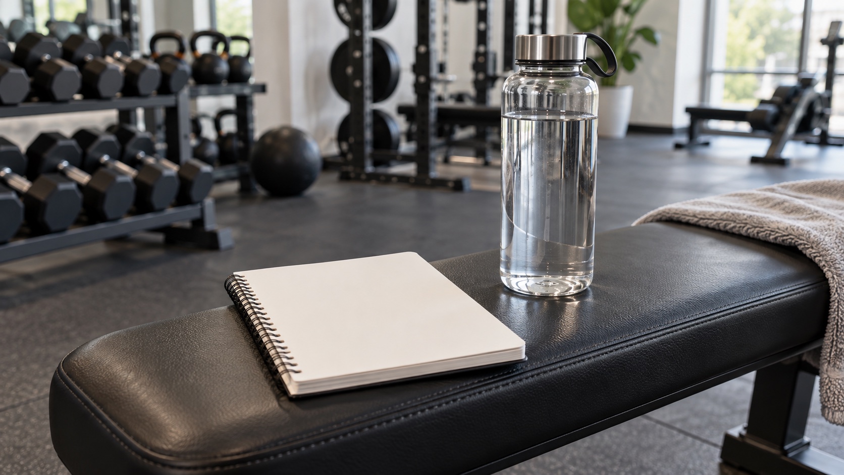 A blank training log and water bottle on a bench.
