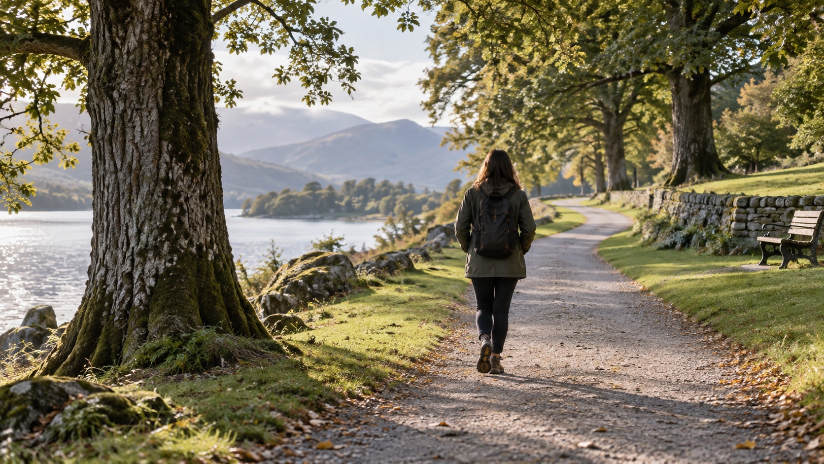 An adult walks along a gently sloping park path.