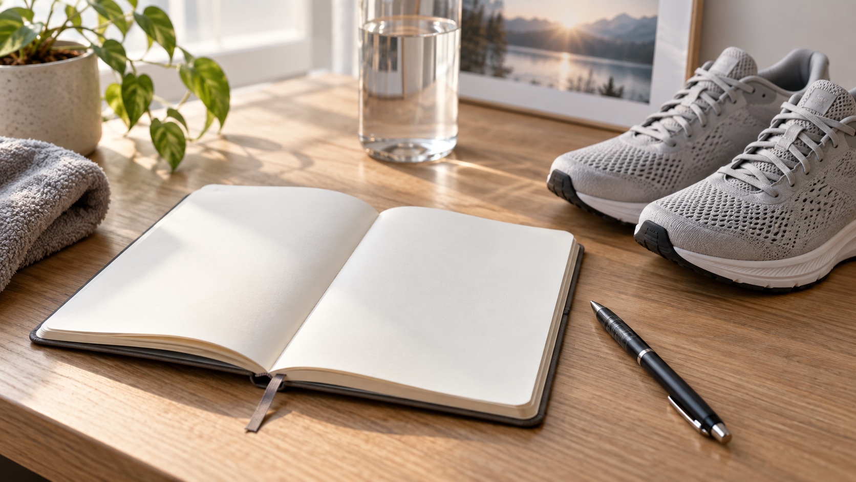 An adult reviews a blank calendar beside running shoes.