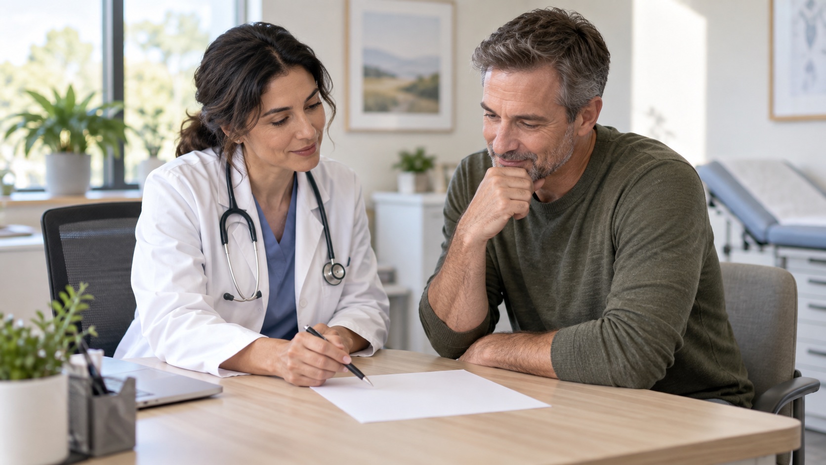 An adult and clinician review a blank sheet in an office.