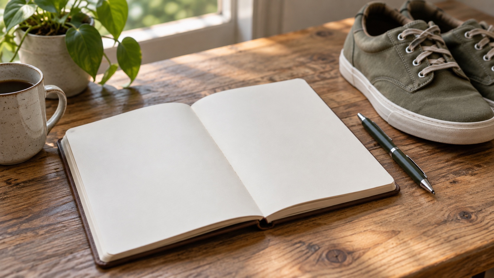 A blank notebook sits beside running shoes.