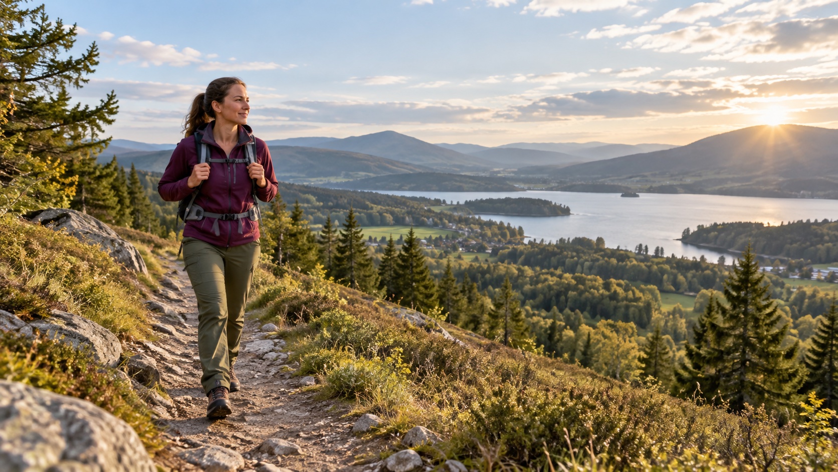 An adult walks on a trail with a small backpack.