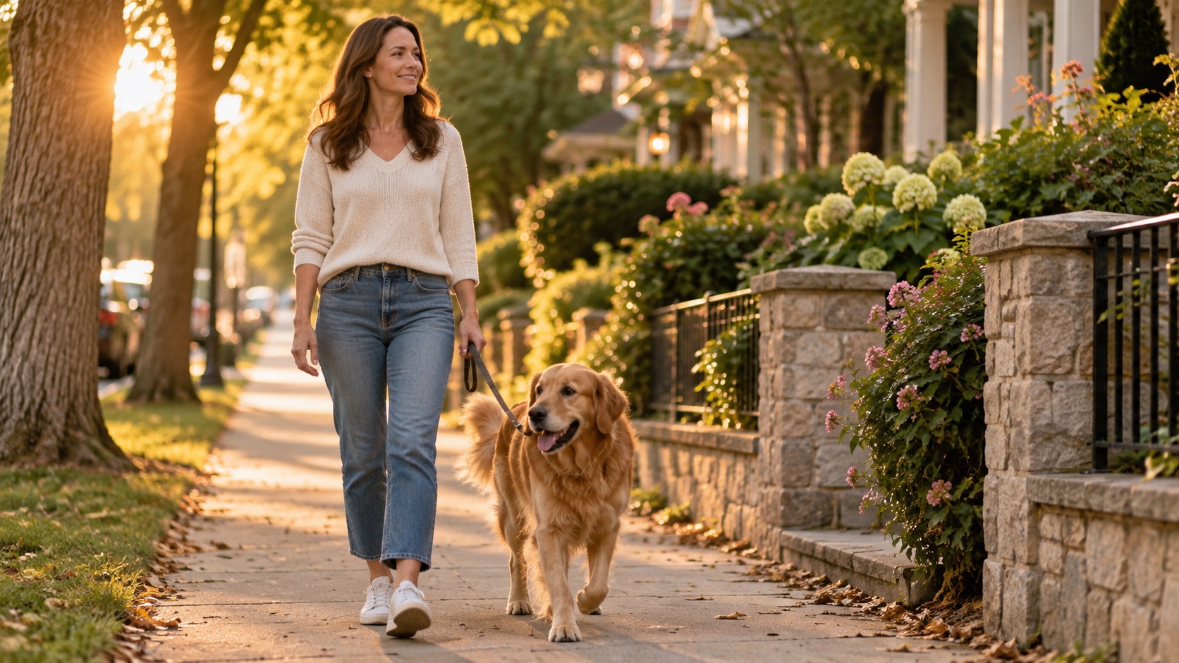 An adult walks on a calm neighborhood path after a meal.