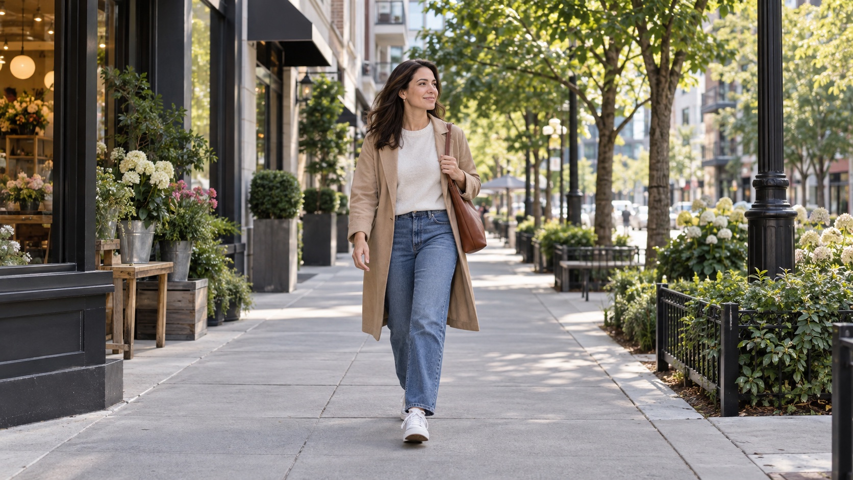 An adult walks along a city sidewalk in daylight.