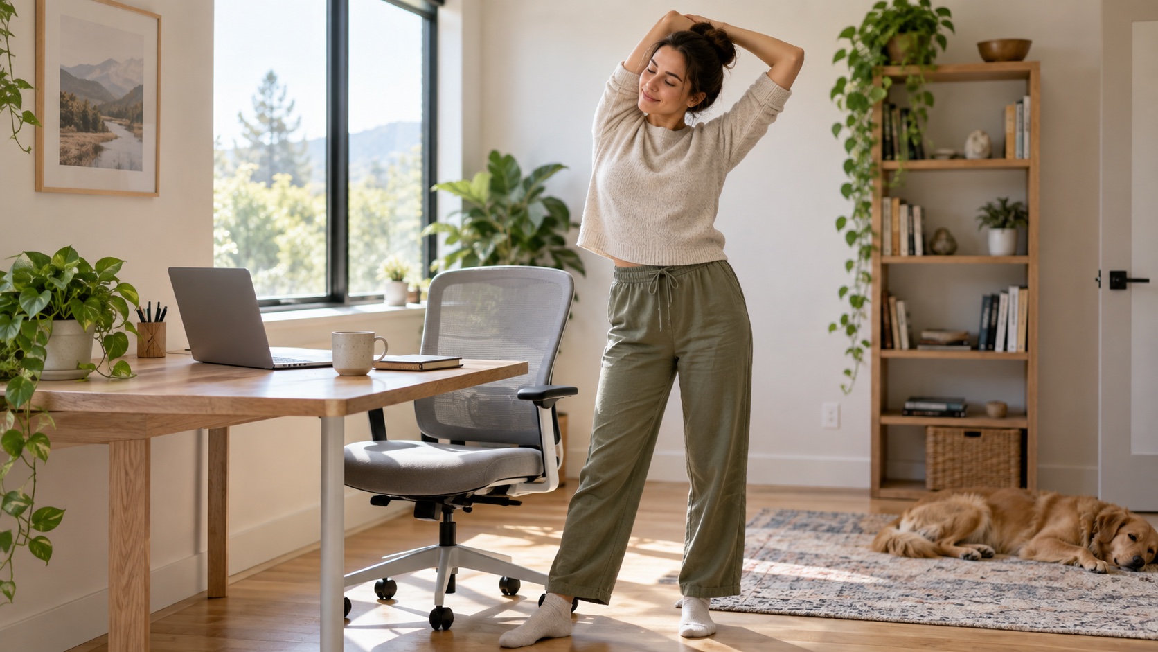 An adult stands beside a desk for a movement break.