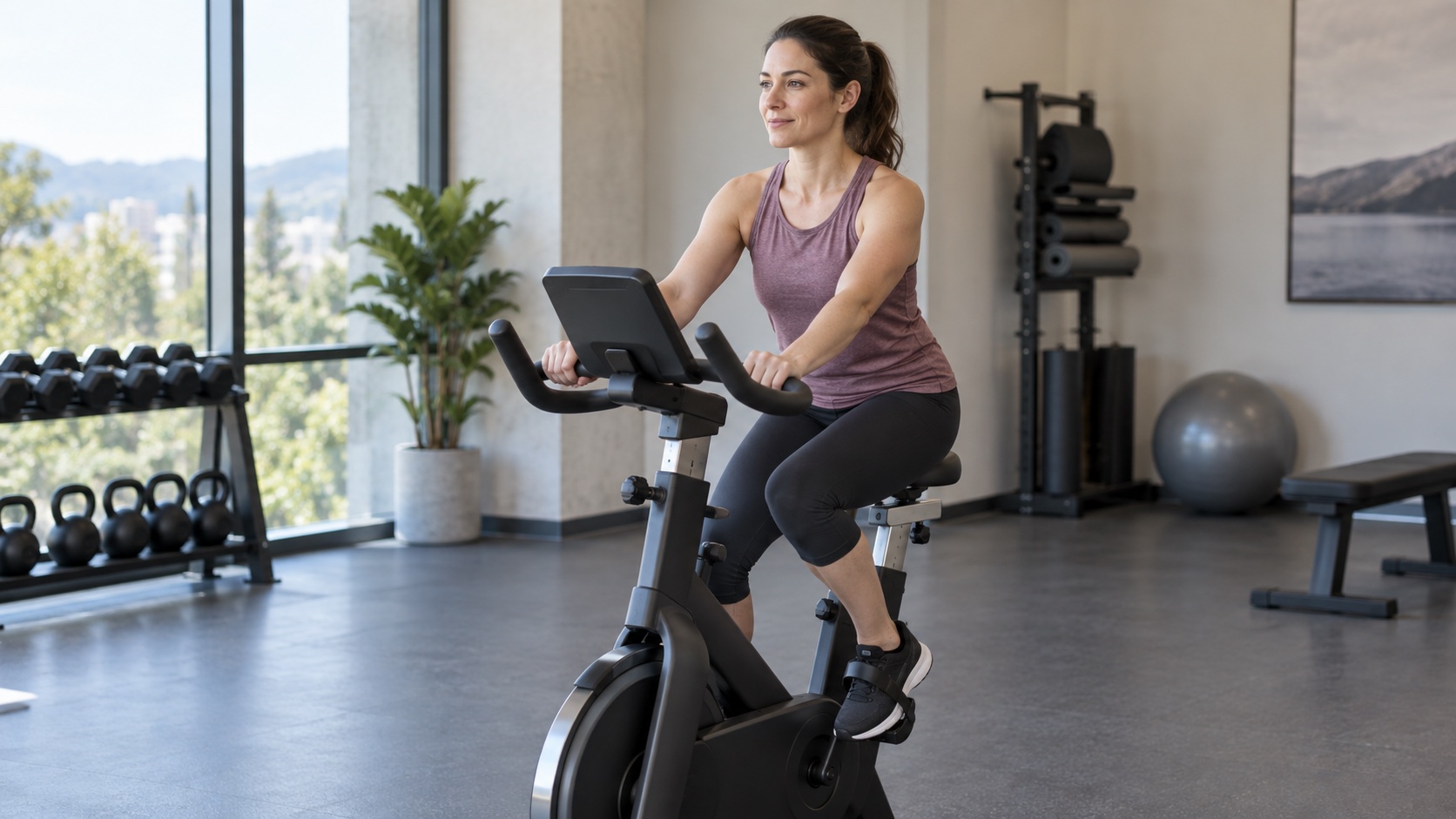 An adult pedals steadily on a stationary bike.