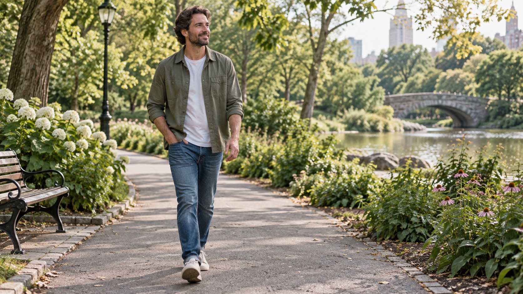 An adult walks at a comfortable pace in a park.
