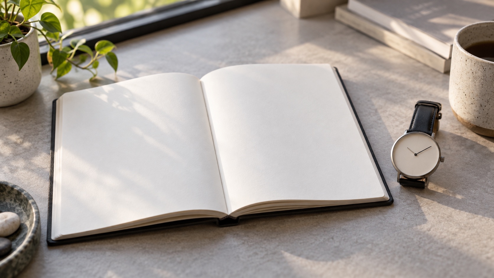 A blank notebook beside an unbranded watch.