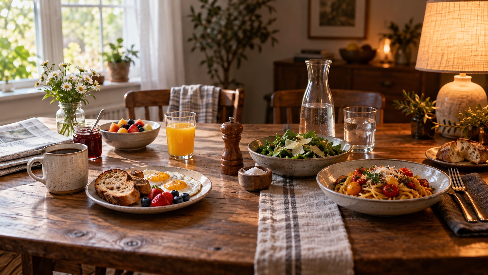 A breakfast and dinner setting in warm daylight.