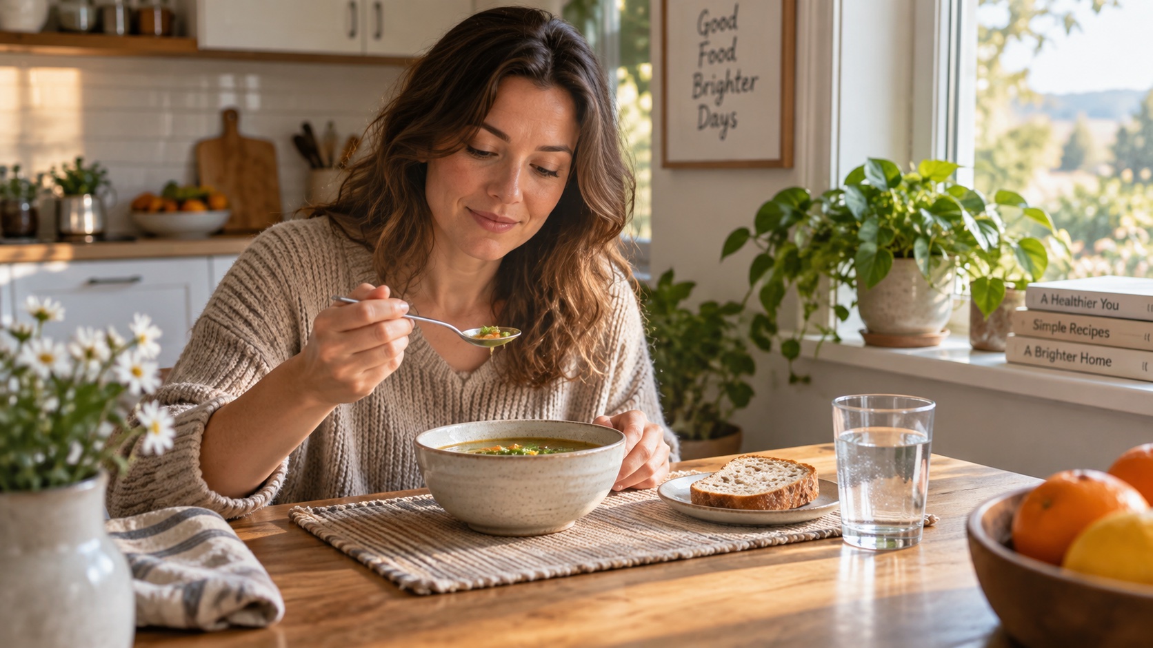 An adult eats a modest meal at home.