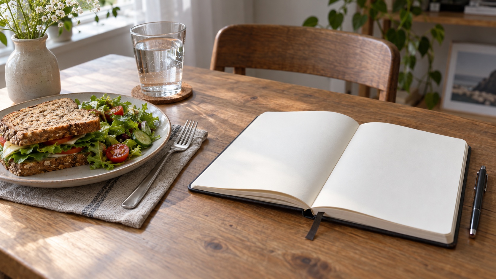 A blank planner beside an ordinary meal.