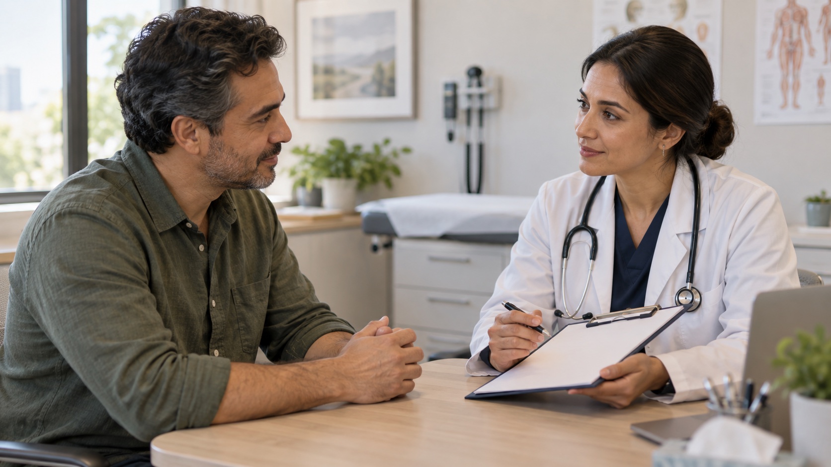 An adult and clinician talk in a calm office.