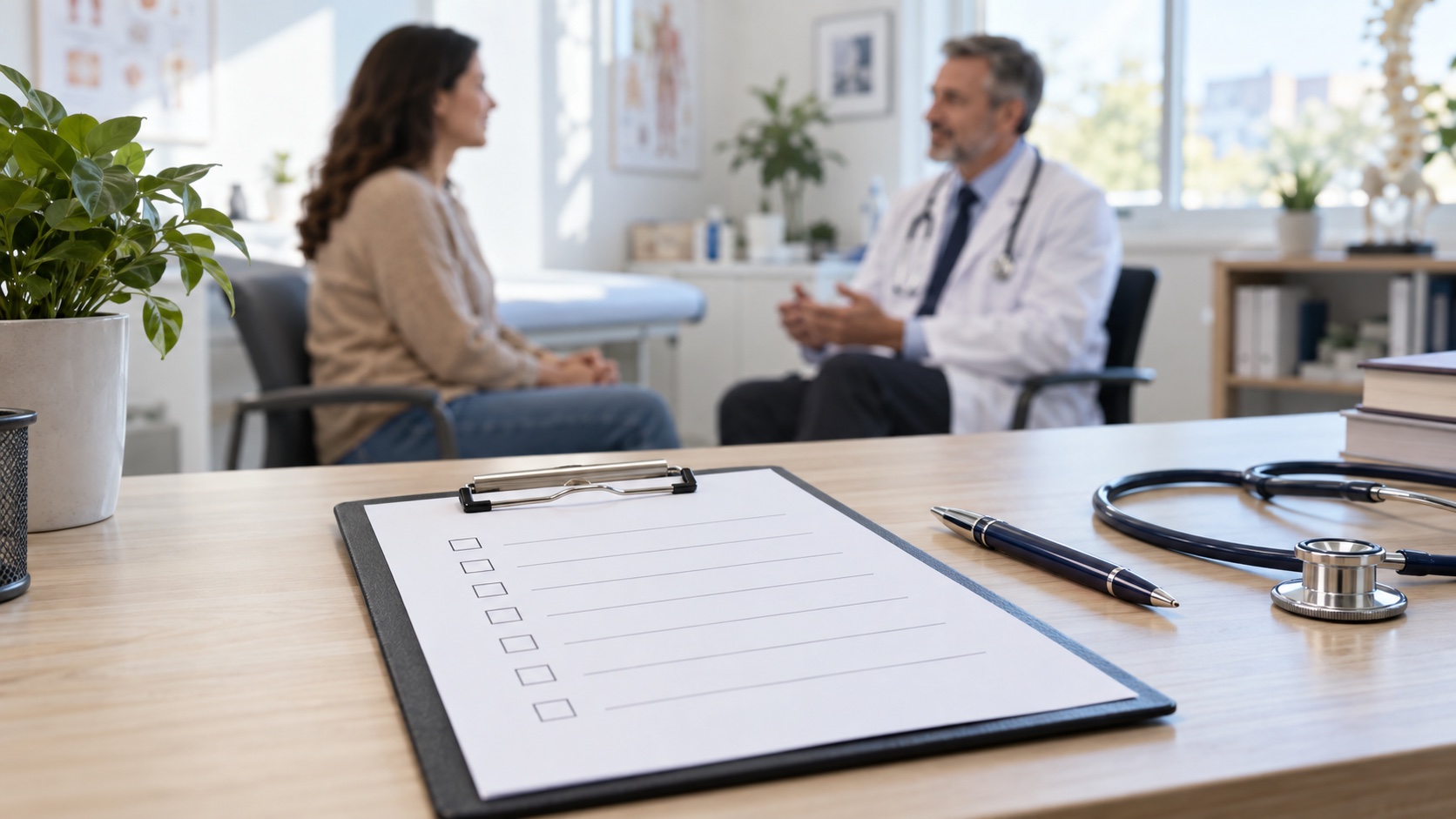 A clinician and adult review a blank checklist.