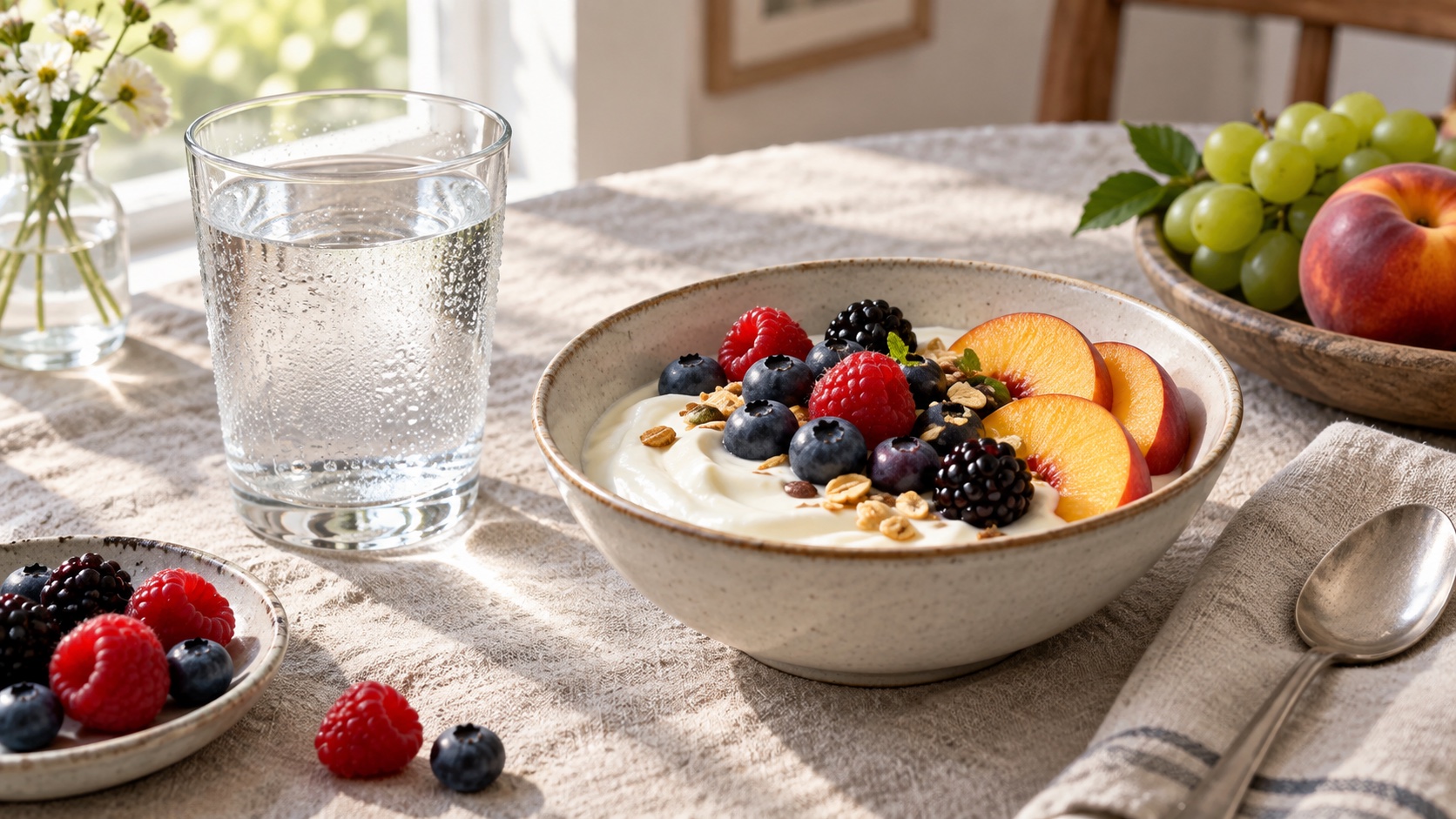 Water and a small snack sit on a kitchen table.