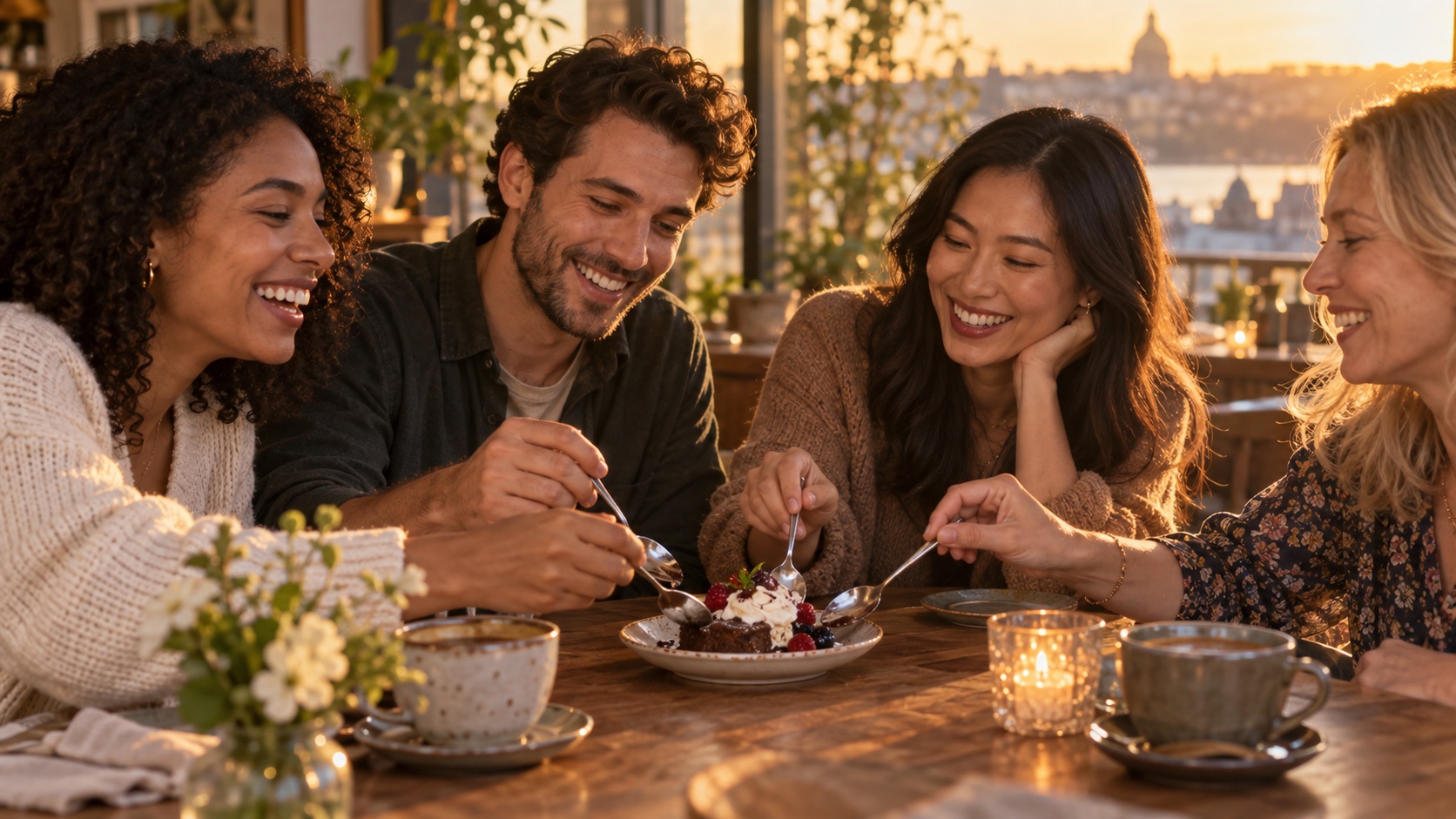 Adults share dessert after an ordinary meal.
