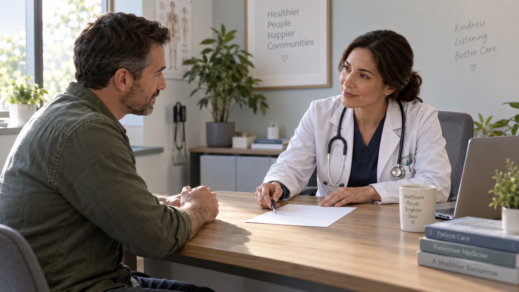 An adult and clinician discuss a blank meal plan.