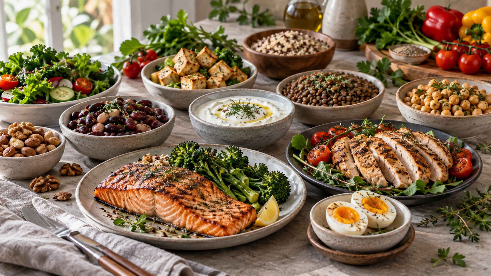 A varied meal with beans, fish, eggs and grains.