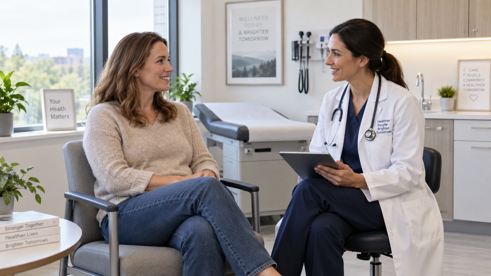 An adult and clinician discuss symptoms in a clinic.