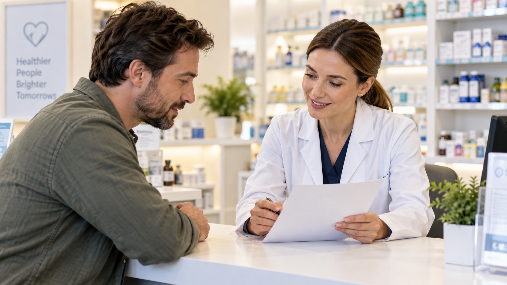 An adult and pharmacist discuss a blank medication list.