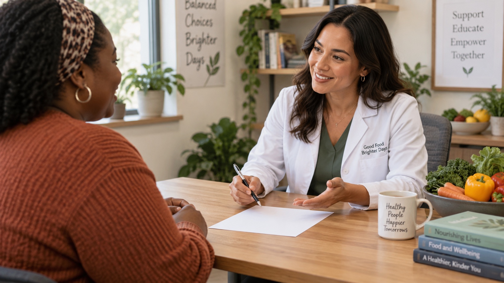 An adult and dietitian review a blank page at a table.