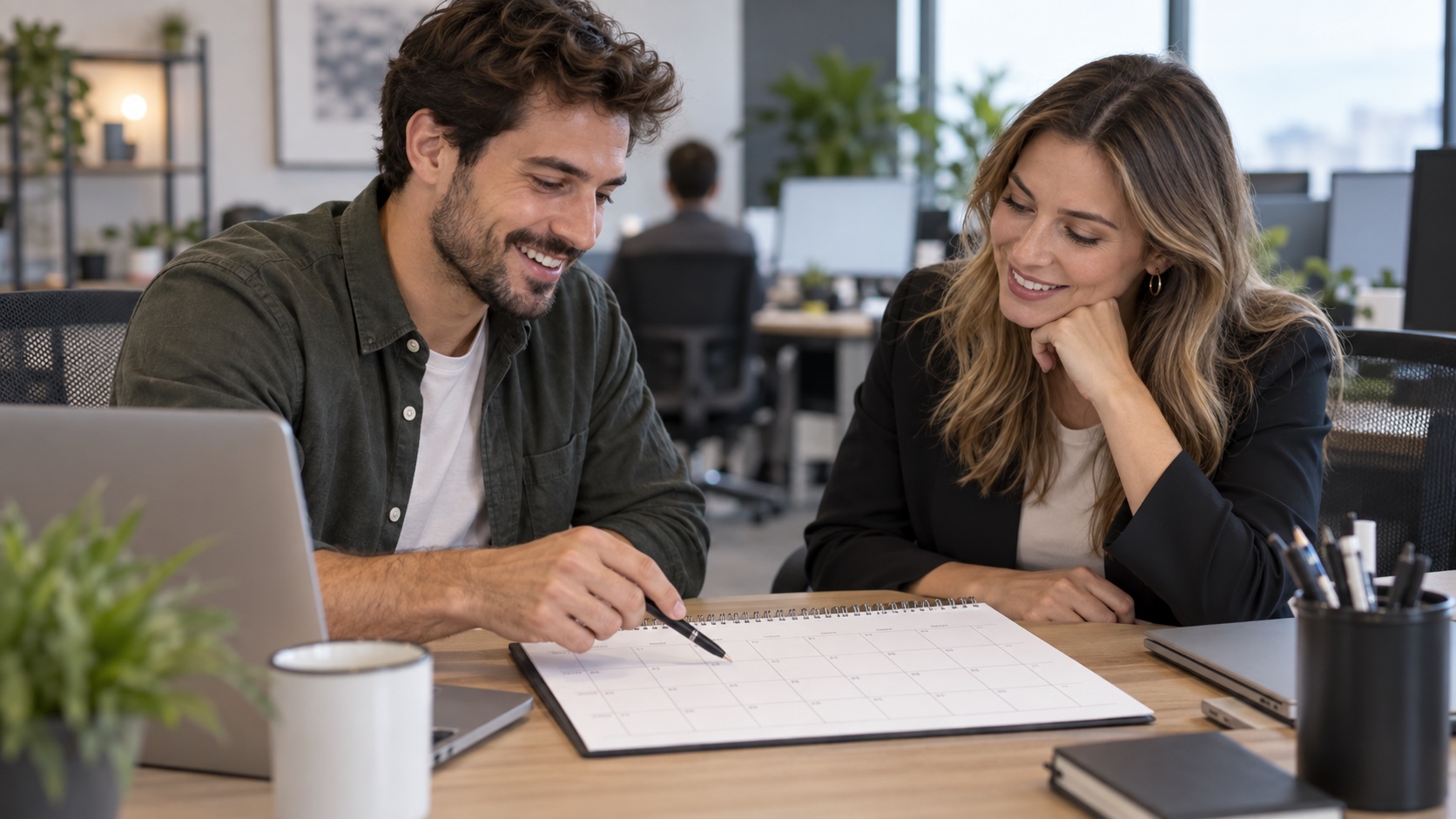 Two coworkers review a blank schedule together.