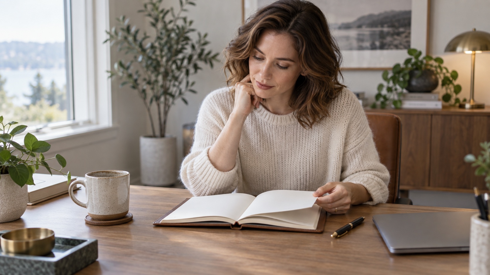 An adult reviews a blank weekly planner.