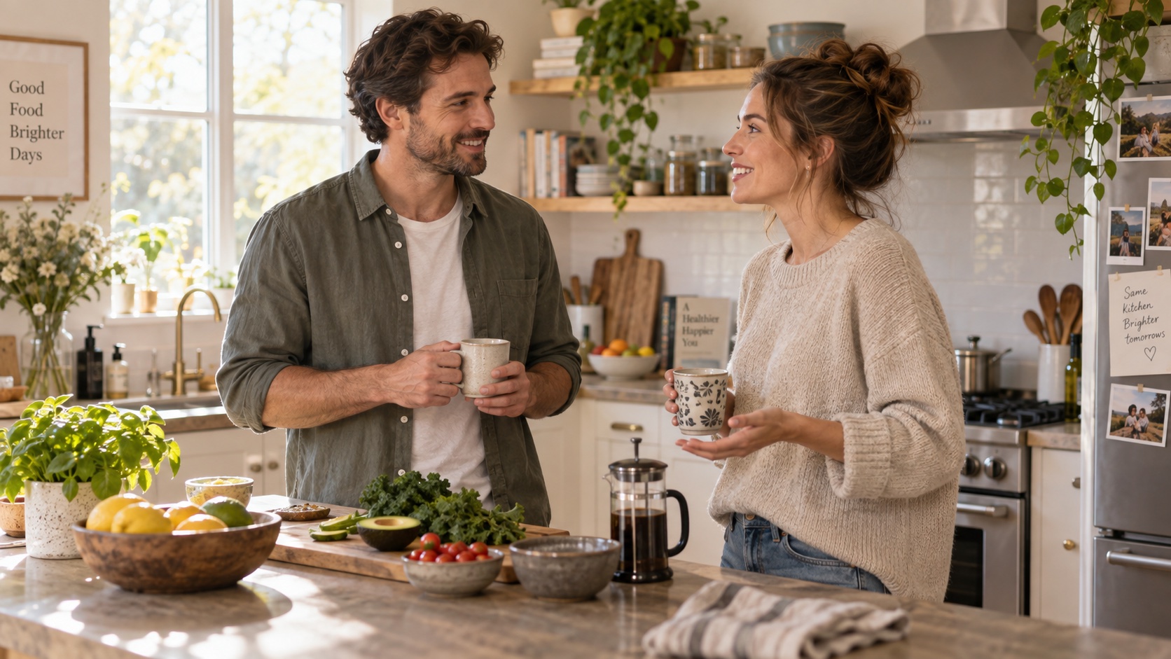 Two adults discuss household routines in a kitchen.
