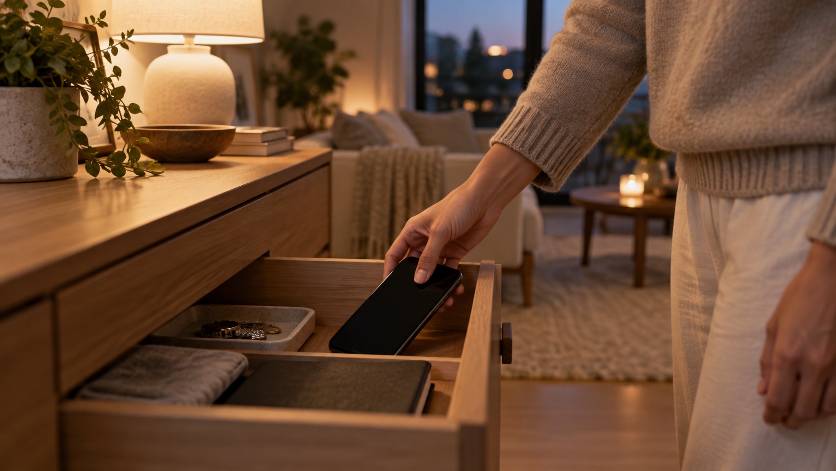 An adult places a phone in a drawer beside a book.