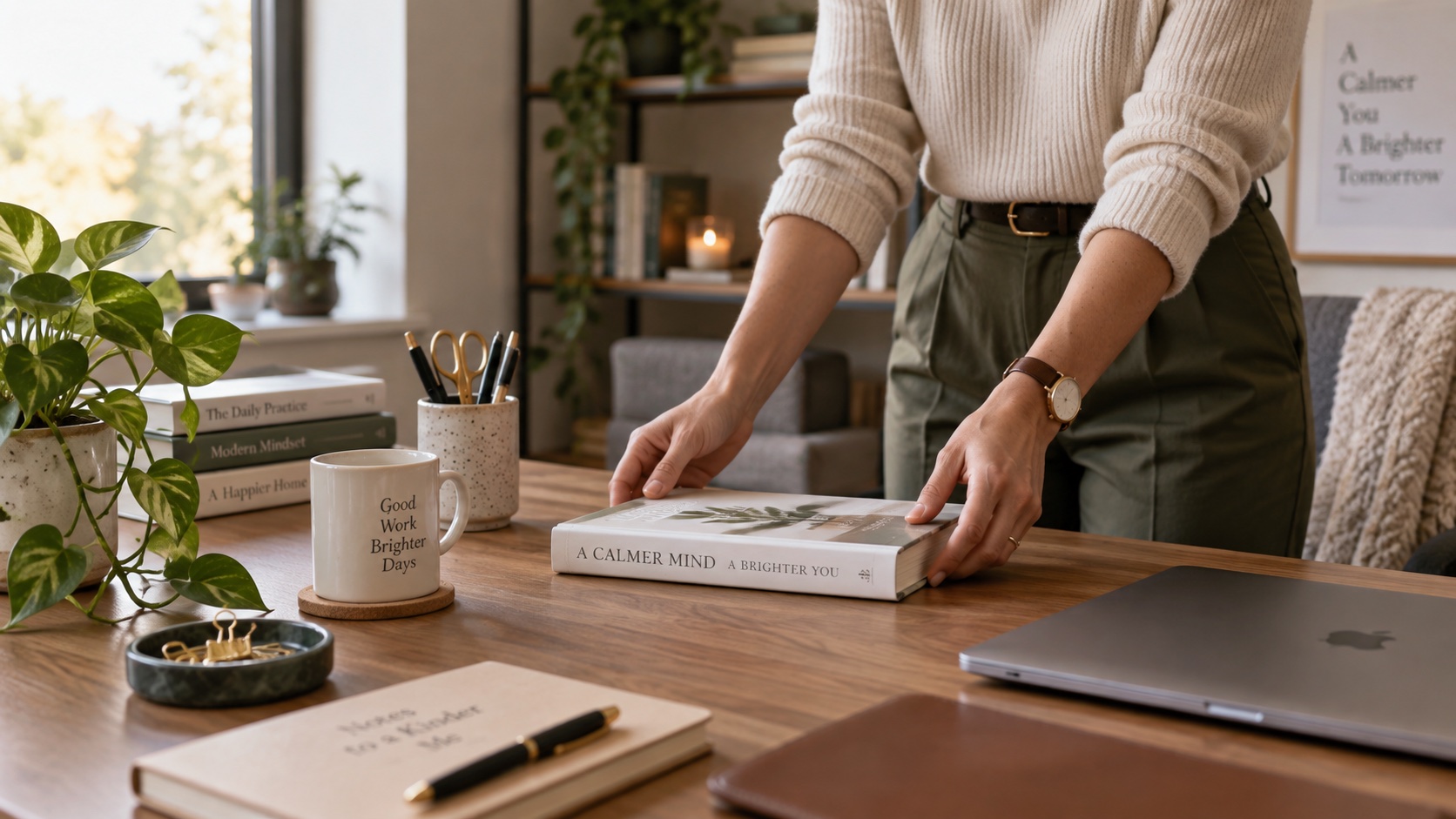 An adult places a book on a clear desk.