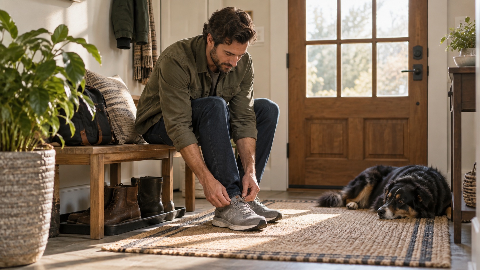 An adult ties shoes near the front door.