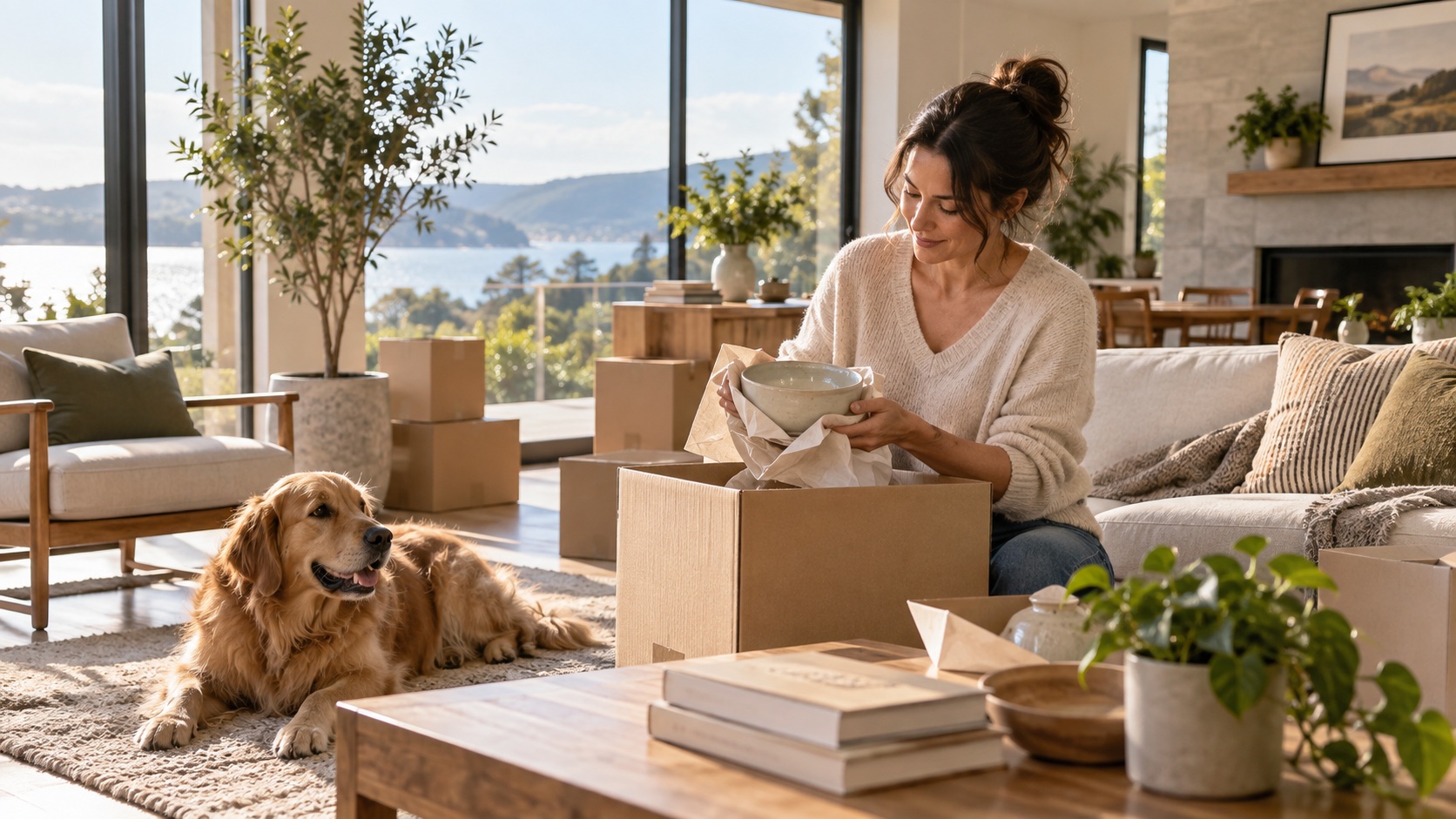 An adult arranges belongings after a move.