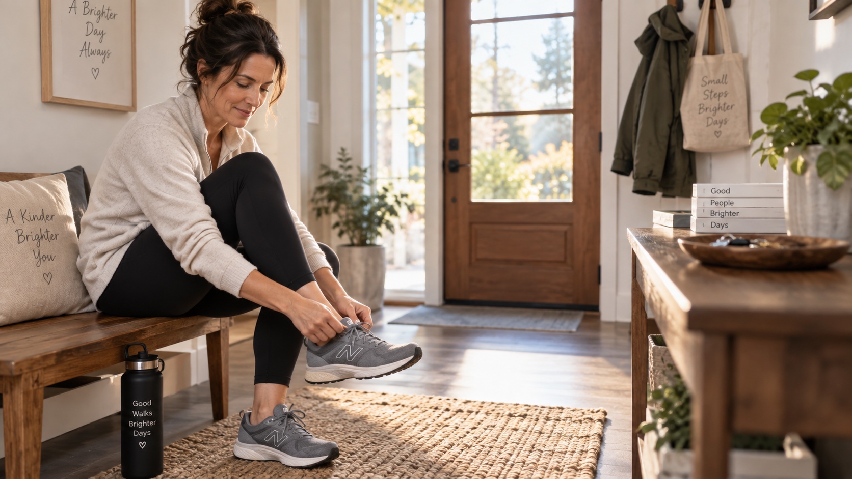 An adult puts on shoes after a break from routine.