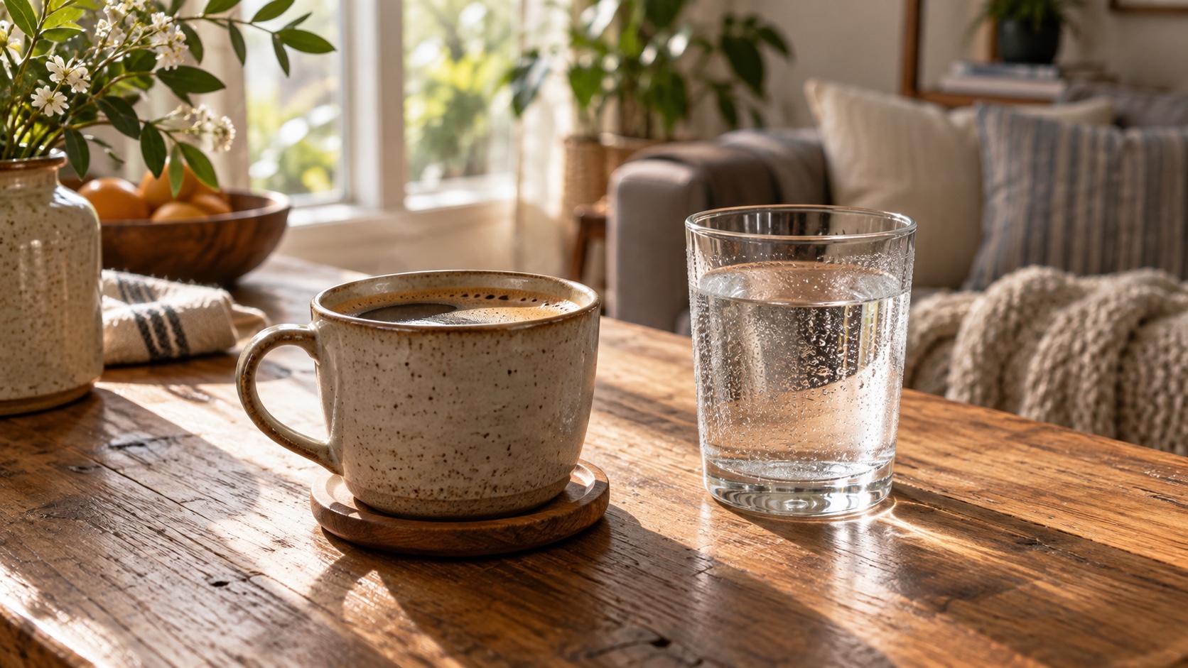 An adult places a water glass beside a coffee cup.