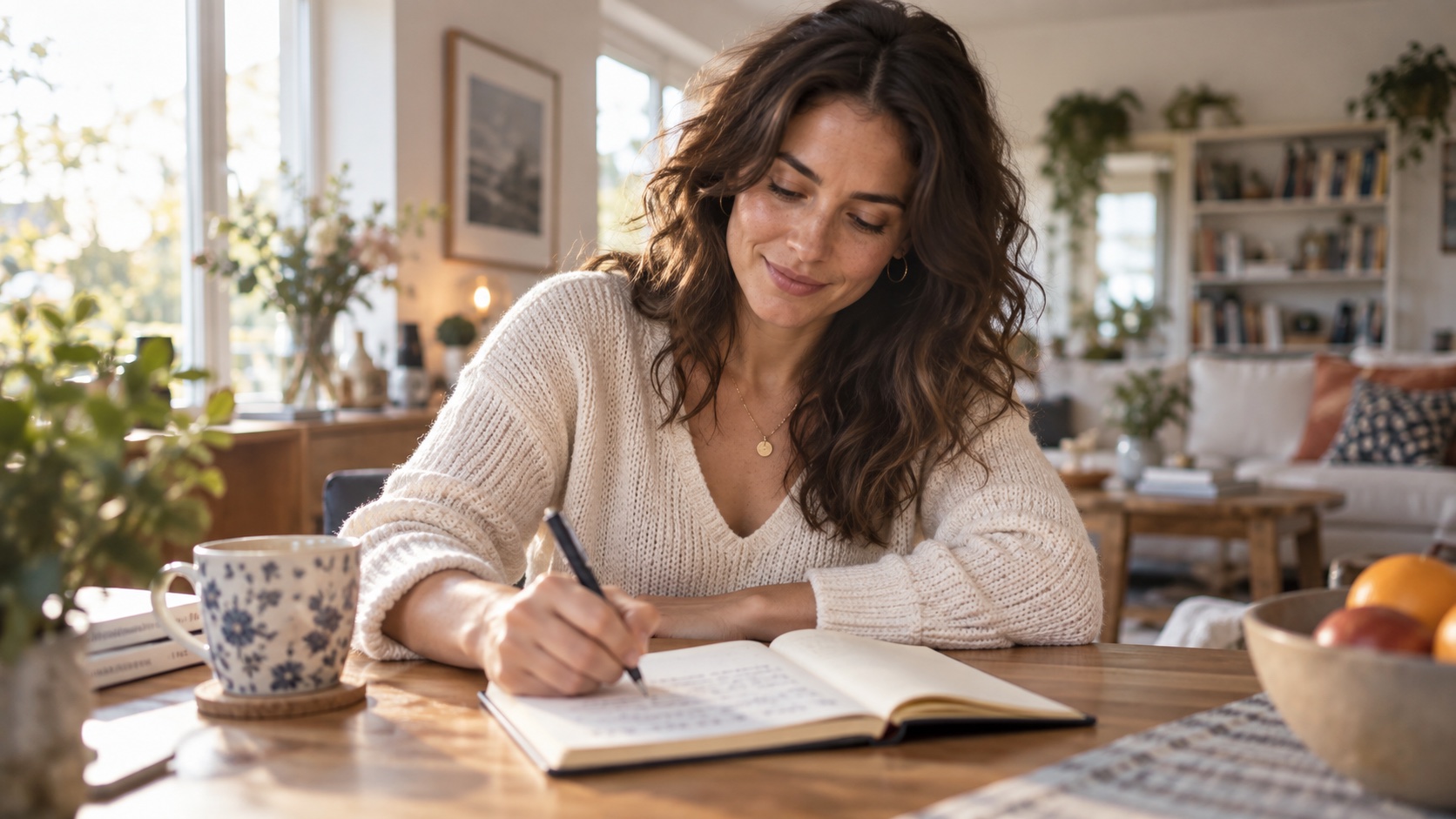An adult writes in a notebook at a table.