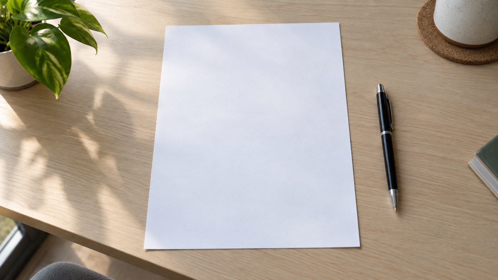 A blank worksheet and pen sit on a desk.