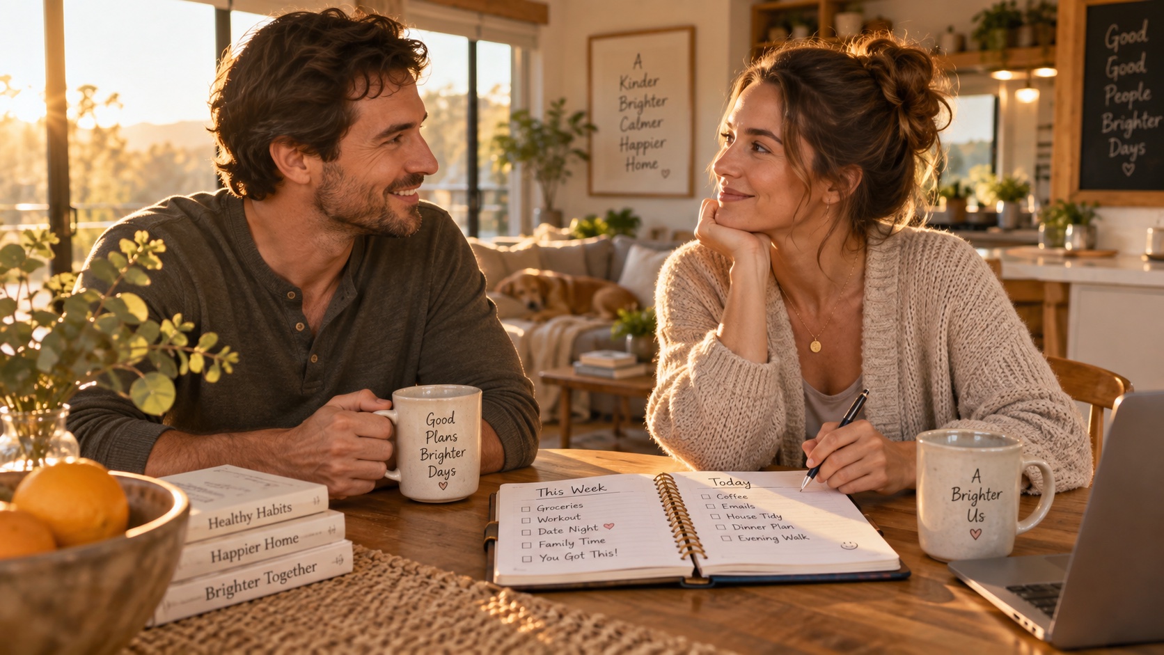 Two adults talk together in a home.