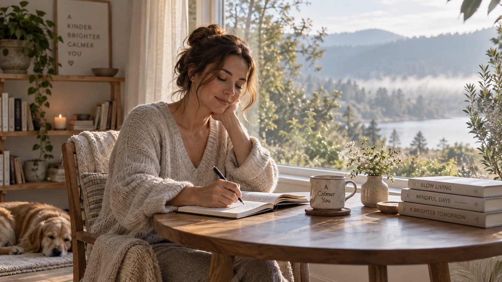 An adult sits beside a notebook looking out a window.