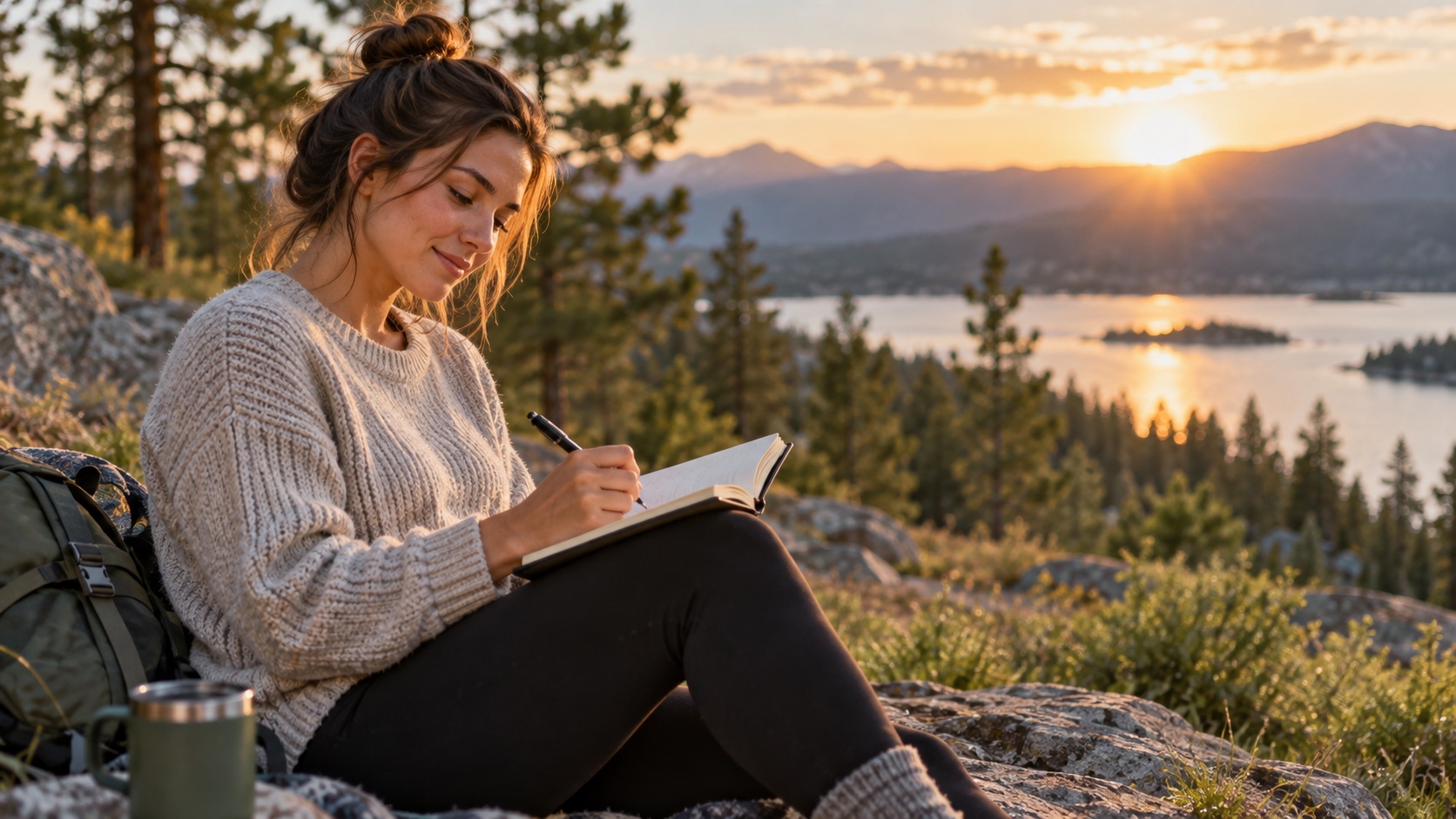 An adult writes in a journal on a park bench.