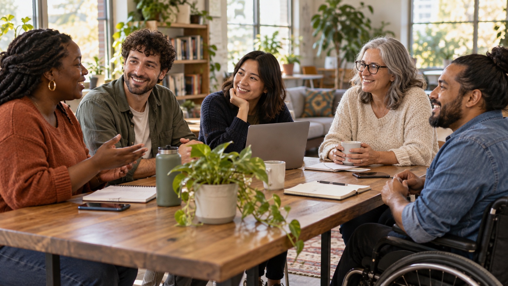 A small group talks together around a table.