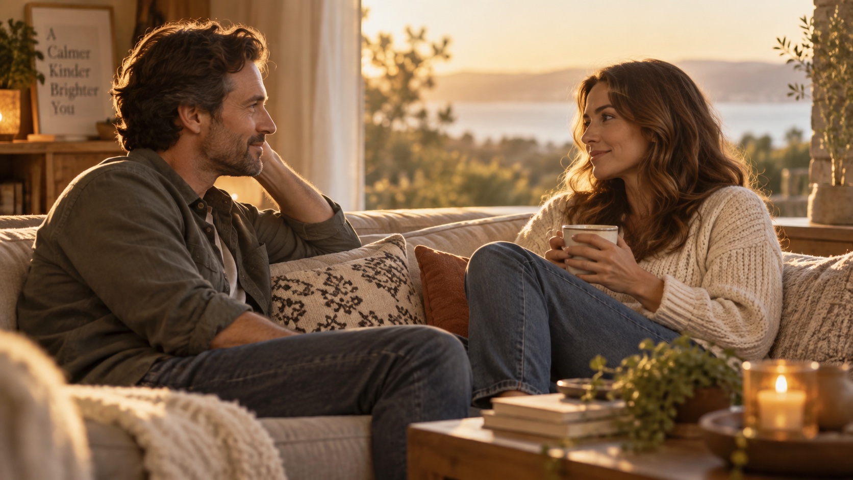 Two adults talk quietly at home.