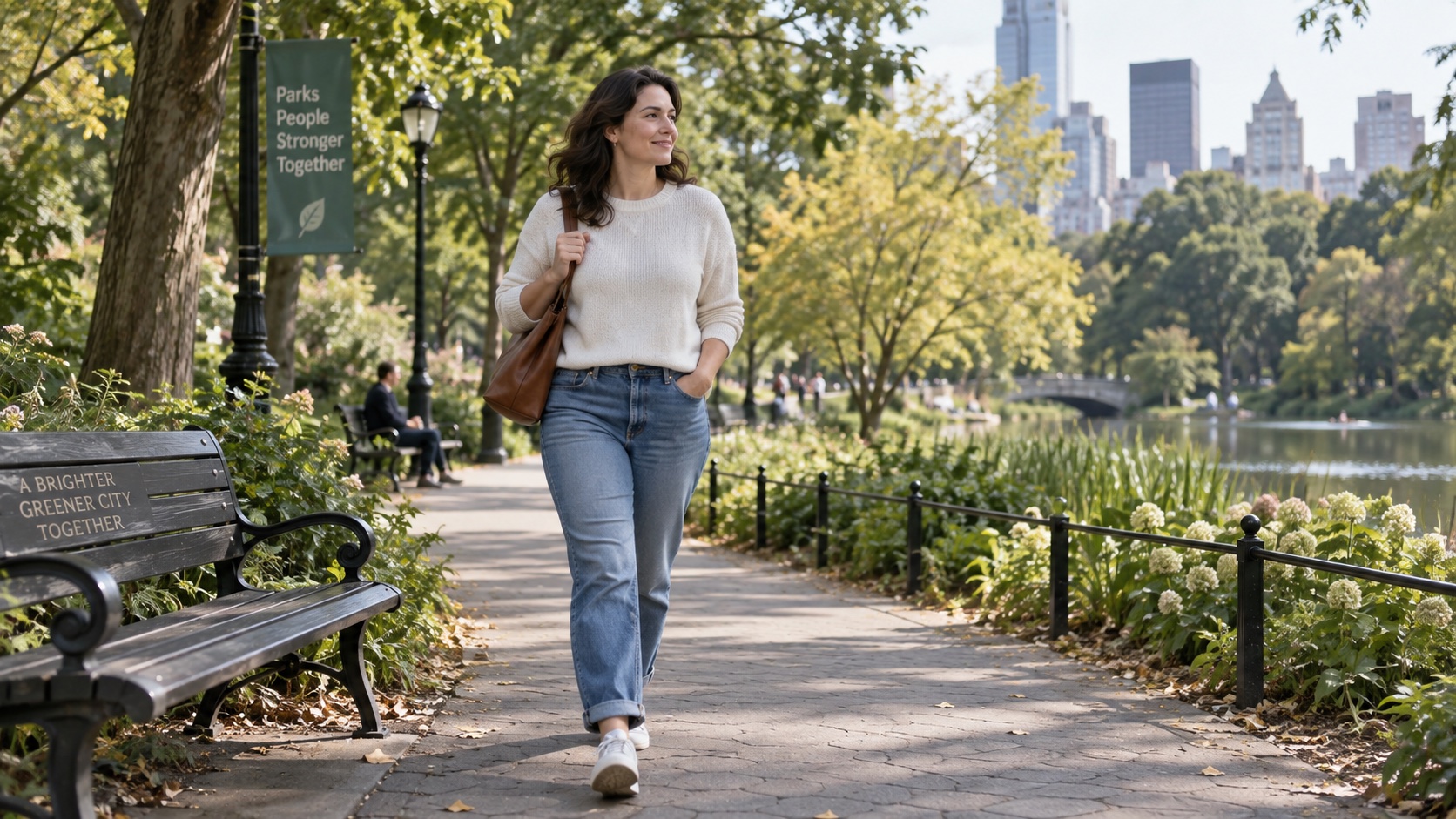 An adult walks briefly outdoors near a city.