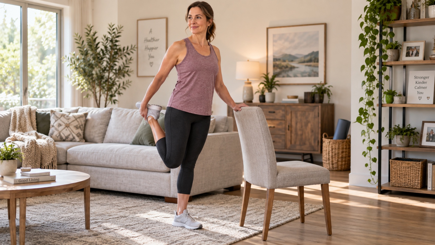 An adult does a gentle stretch beside a chair.