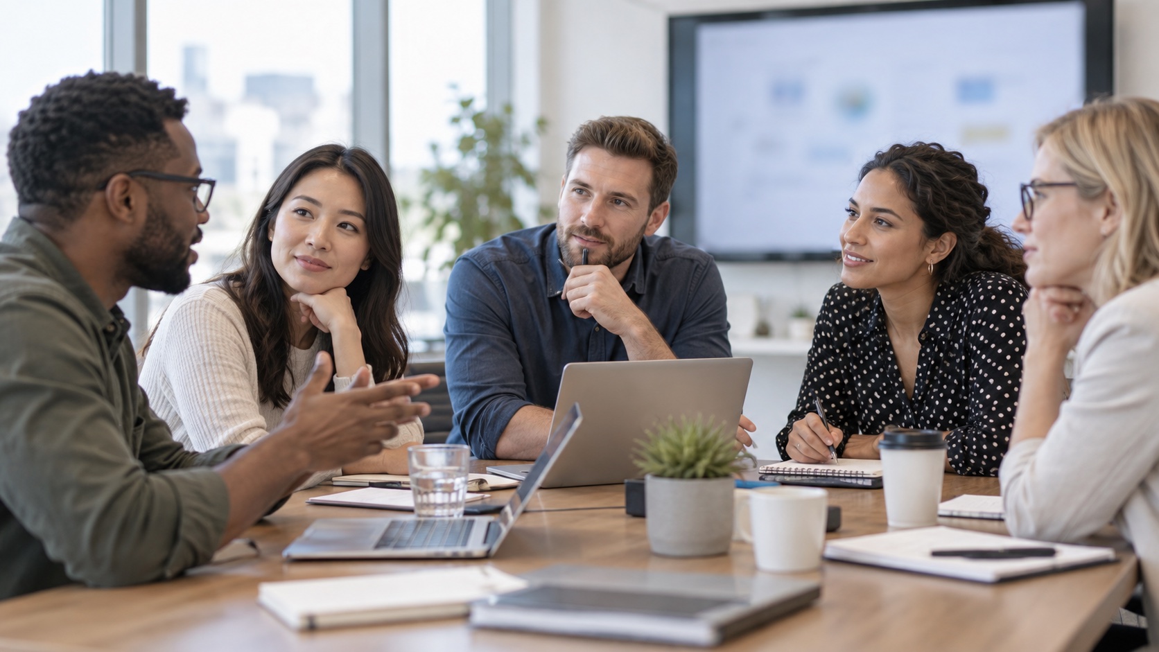 Adults listen and take notes during a meeting.