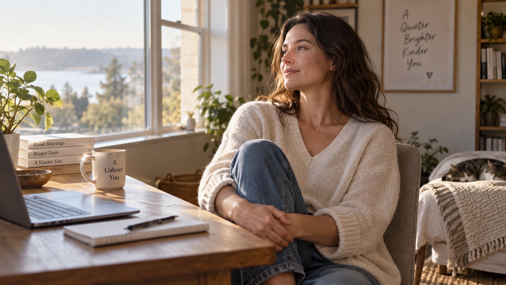 An adult sits quietly beside a notebook.