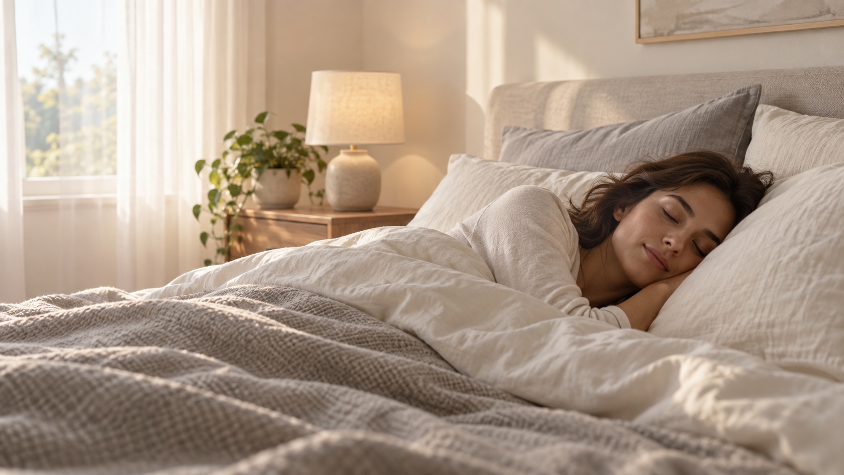 An adult lies quietly in bed at night.