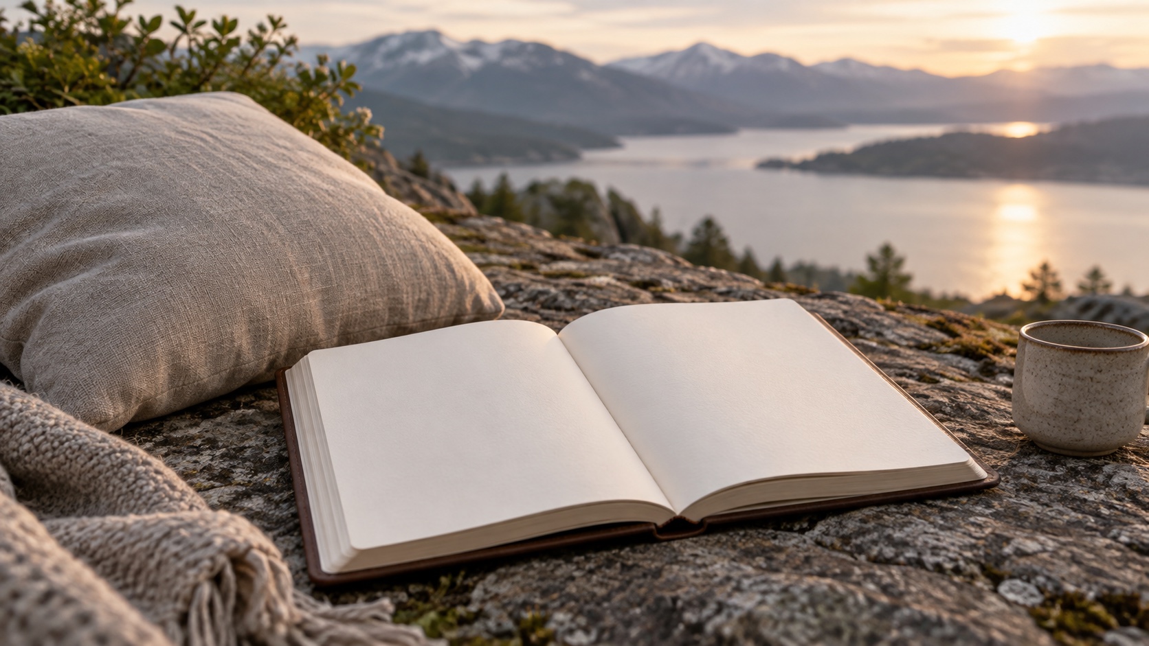A blank journal and pen beside a meditation cushion.