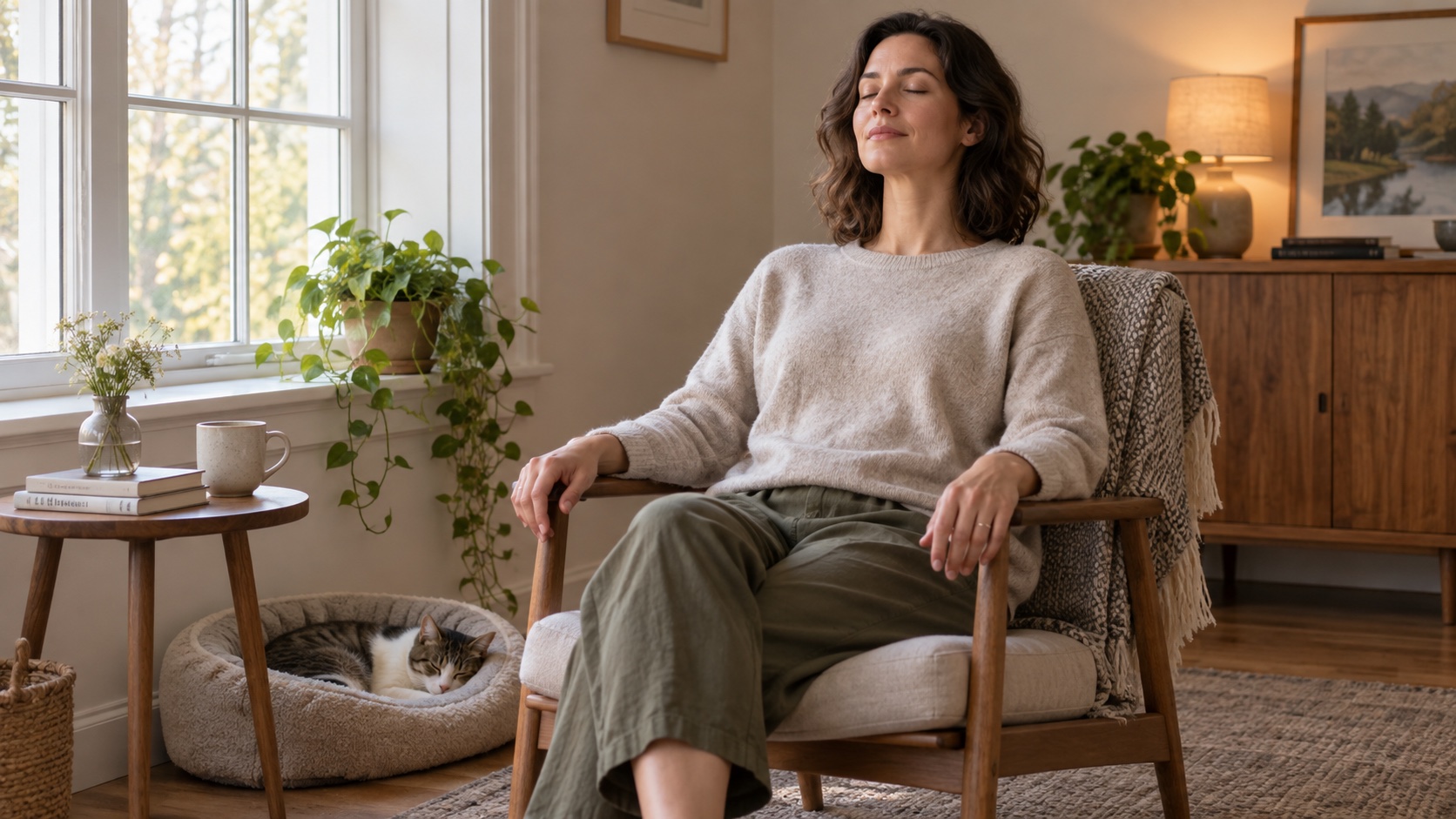 An adult meditates in a chair beside a window.
