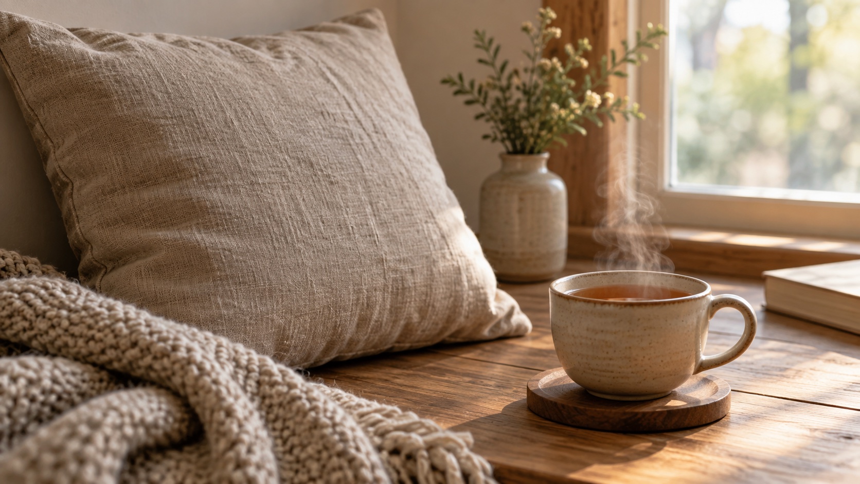 A meditation cushion and a warm cup on a table.