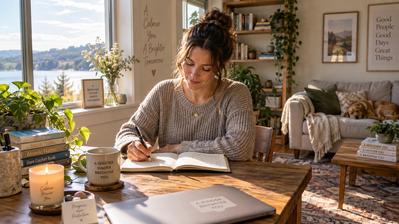 An adult sits quietly beside a blank journal.